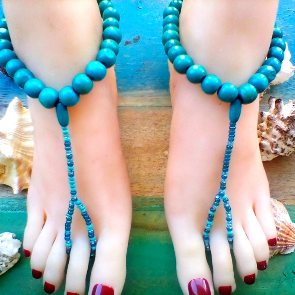 Turquoise Wooden Barefoot Sandals